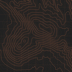 Vector Modern Abstract Cartography Art Dark Grey Orange Topography Contour Map With Relief Elevation. Geographic Terrain Area Satellite View Digital Cartographic UI Contemporary Illustration