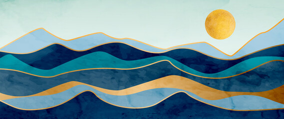 Abstract watercolor background with waves or hills in blue and gold. Landscape art banner in modern style for decoration, interior design, print