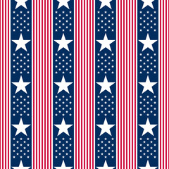 Abstract seamless vector pattern with vertical stripes and white five pointed stars on blue. Independence Day geometric background suitable for prints, decoration, posters, wallpaper and fabrics.
