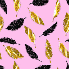 bird feathers vector seamless pattern with gold