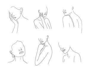 Set of minimalistic female figure. Linear female bodies, faces. Modern abstract line art style. Vector illustration. 