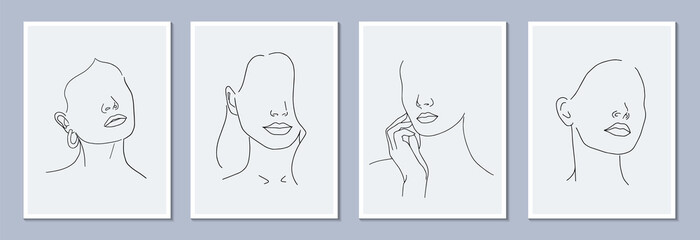 Set of minimalistic female portraits. Linear female faces. Modern abstract line art style. Vector illustration. 