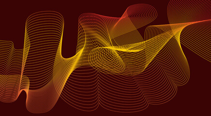 Abstract background with bright yellow and orange wavy lines. The lines are intertwined in a certain way on a burgundy background.