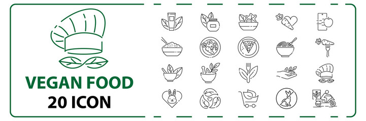 Vegan food and vegetarian salads Well-crafted Vector Thin Line Icons set. Grid for Web Graphics and Apps. Simple Minimal Pictogram
