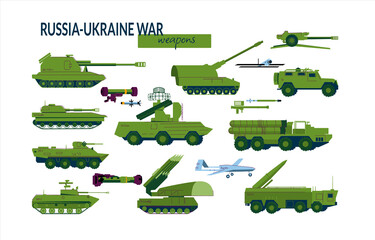 A set of elements for infographics land military equipment involved in the Russian-Ukrainian war. Tanks, air defense systems, howitzers, S300. Vector illustration isolated on a white background.