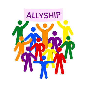 Abstract illustration of multicolor people silhouette. Activism and protest movement. Concept of community, partnership, teamwork, unity of different people, racial equality. The slogan of Allyship