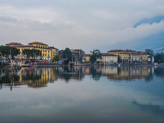 Swiss city buildings on lake Lugano in Switzerland