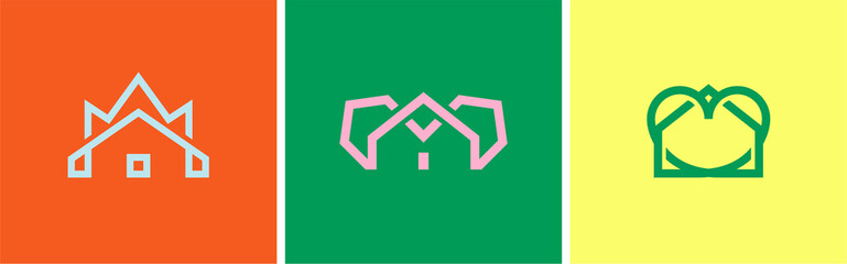 Set of three house vector logos. Linear logo monogram letter H. Vector illustration