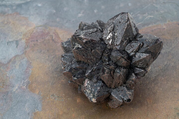 Crystal cluster on stone slab.   Natural object still life photography.