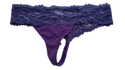 Worn female underwear isolated. Luxury elegant lace purple worn women's panties, closeup, isolated on white background. Fashion for underwear - obrazy, fototapety, plakaty