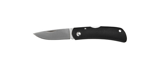 Pocket folding knife isolate on white back. Compact metal sharp knife with a folding blade.
