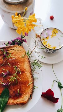 plate of toast, flowers & toast, food styling, toast and jam, jelly, yummy food, plants & flowers, plate, dinner, breakfast, gourmet, bread, dish, food, meal, healthy, lunch, appetizer, closeup, 