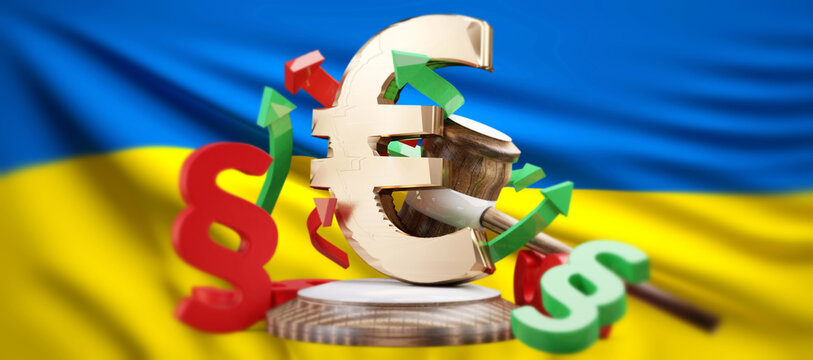 EUR Euro symbol golden and red and green paragraphs and judge hammer and flag of Ukraine 3d-illustration