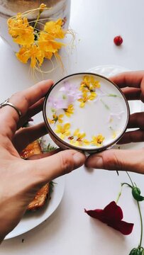 Person Drinking Cup Of Milk, Cup Of Milk with Flowers, Cup Of Milk, Milk, Cup, FLowers