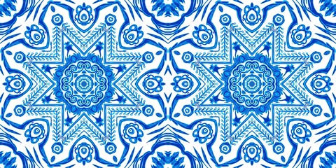  Blue white watercolor azulejo tile border background. Seamless coastal geometrical floral mosaic effect banner. Ornamental arabesque summer fashion repeat edge trim.