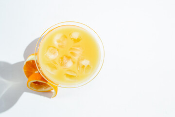 Glass of orange juice on the table, healthy breakfast top view