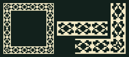 Lacy frame, corner and border with ukrainian embroidery vyshyvanka Pixel or square designed filigree frame for classic ornamental design