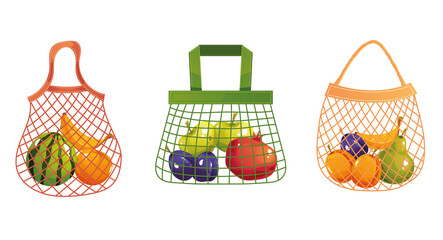 Eco bags full of fruits groceries concept. Vector flat graphic design illustration