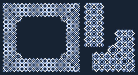 Lacy frame, corner and border with ukrainian embroidery vyshyvanka Pixel or square designed filigree frame for classic ornamental design