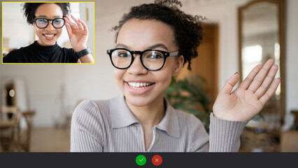 Woman with glasses online chat video communication, virtual office workplace screen