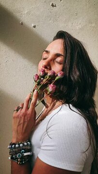 Woman Hiding Behind Flowers, Flowers, Roses, Flower Buds, Portrait of A Woman