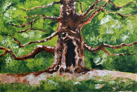 Old big tree with hollow on green background. Fabulous tree on a small hill. Modern oil painting on canvas.