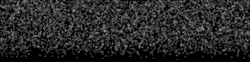 Falling numbers, big data concept. Binary white chaotic flying digits. Radiant futuristic banner on black background. Digital vector illustration with falling numbers.