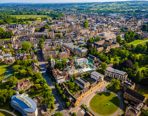 The aerial view of Oxford city center in summer, UK