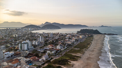 Aerial view of Guaratuba beach and bay in Parana state, Brazil,  from high angle
