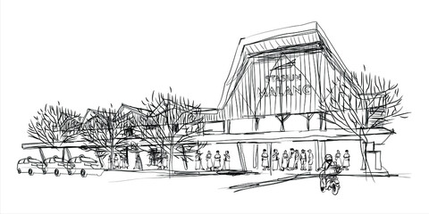Freehand sketch of Malang city train station, East Java, Indonesia. vector illustration