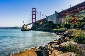 Golden Gate Bridge over San Francisco Bay at  Battery Yates in Sausalito Marine country,  CA.