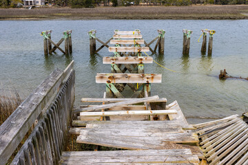 Storm-damaged wooden dock