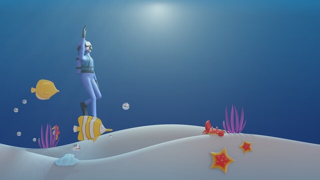 World Ocean day banner template with 3d render scuba diver