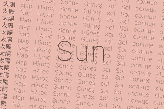 Word Sun in languages of world. Logo Sun on Zinnwaldite color