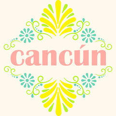 Cancun city in spanish text surrounded by floral motifs on ivory square tile