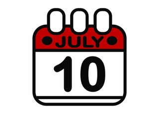 10 july in red. Calendar banner with 10th of july on white background.