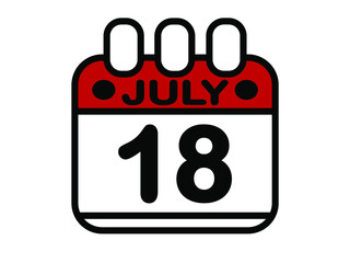 18 july in red. Calendar banner with 18th of july on white background.