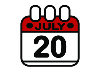 20 july in red. Calendar banner with 20th of july on white background.