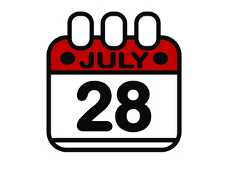 28 july in red. Calendar banner with 28th of july on white background.