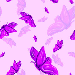 Fototapeta na wymiar Watercolor pattern purple butterfly on a pink background for your seamless design, hand drawn illustration