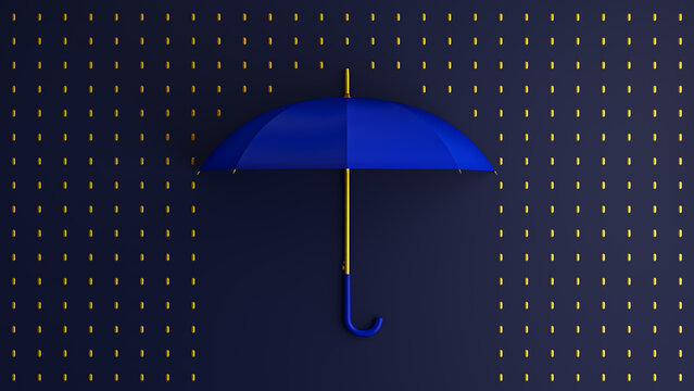 3D Illustration of Trendy Designed Bright Blue Umbrella Against a Rich Blue Background of Gold Raindrops Graphic Design in a Repeating Pattern
