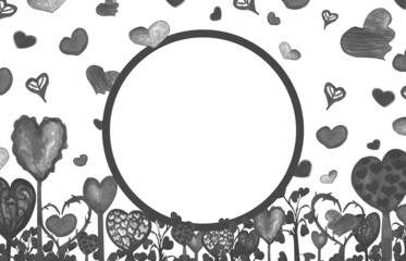 Black and white watercolor template, hearts and round frame for your design, hand drawn illustration