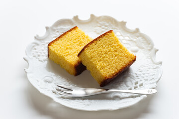 Sliced castella decorated on plate