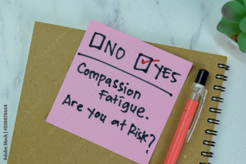 Wall mural Concept of Compassion Fatigue, Are you at risk? He choose Yes write on sticky notes isolated on Wooden Table.