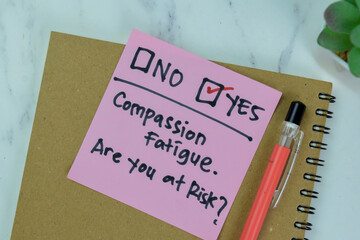 Concept of Compassion Fatigue, Are you at risk? He choose Yes write on sticky notes isolated on...