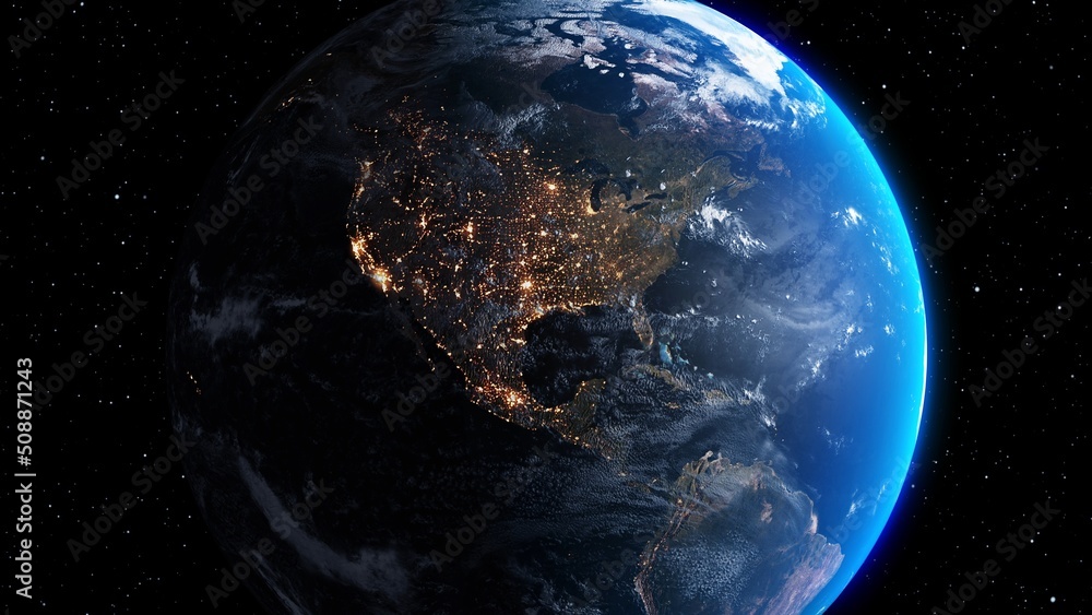Poster planet earth with realistic geography surface and orbital 3d cloud atmosphere . outer space view of 