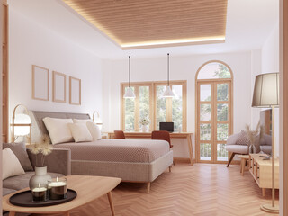 Fototapeta premium Modern design comtemporary bedroom with nature view 3d render The Rooms have wooden floors ,decorated with brown fabric furniture Overlooking a small balcony outside.