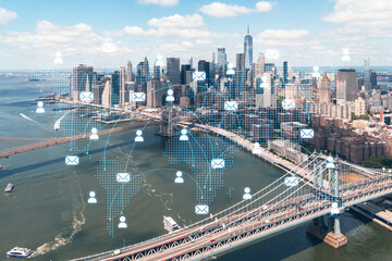 Aerial panoramic city view of Lower Manhattan. Brooklyn and Manhattan bridges over East River, New York, USA. Social media hologram. Concept of networking and establishing new people connections