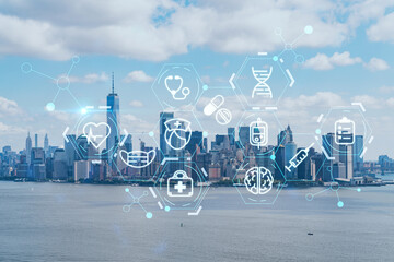 Naklejka na ściany i meble Aerial panoramic helicopter city view of Lower Manhattan and Downtown financial district, New York, USA. Health care digital medicine hologram. The concept of treatment and disease prevention