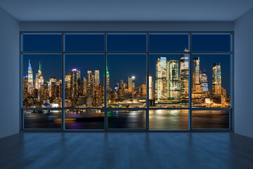 Fototapeta na wymiar Midtown New York City Manhattan Skyline Buildings from High Rise Window. Beautiful Expensive Real Estate. Empty room Interior Skyscrapers View Cityscape. Night. Hudson Yards West Side. 3d rendering